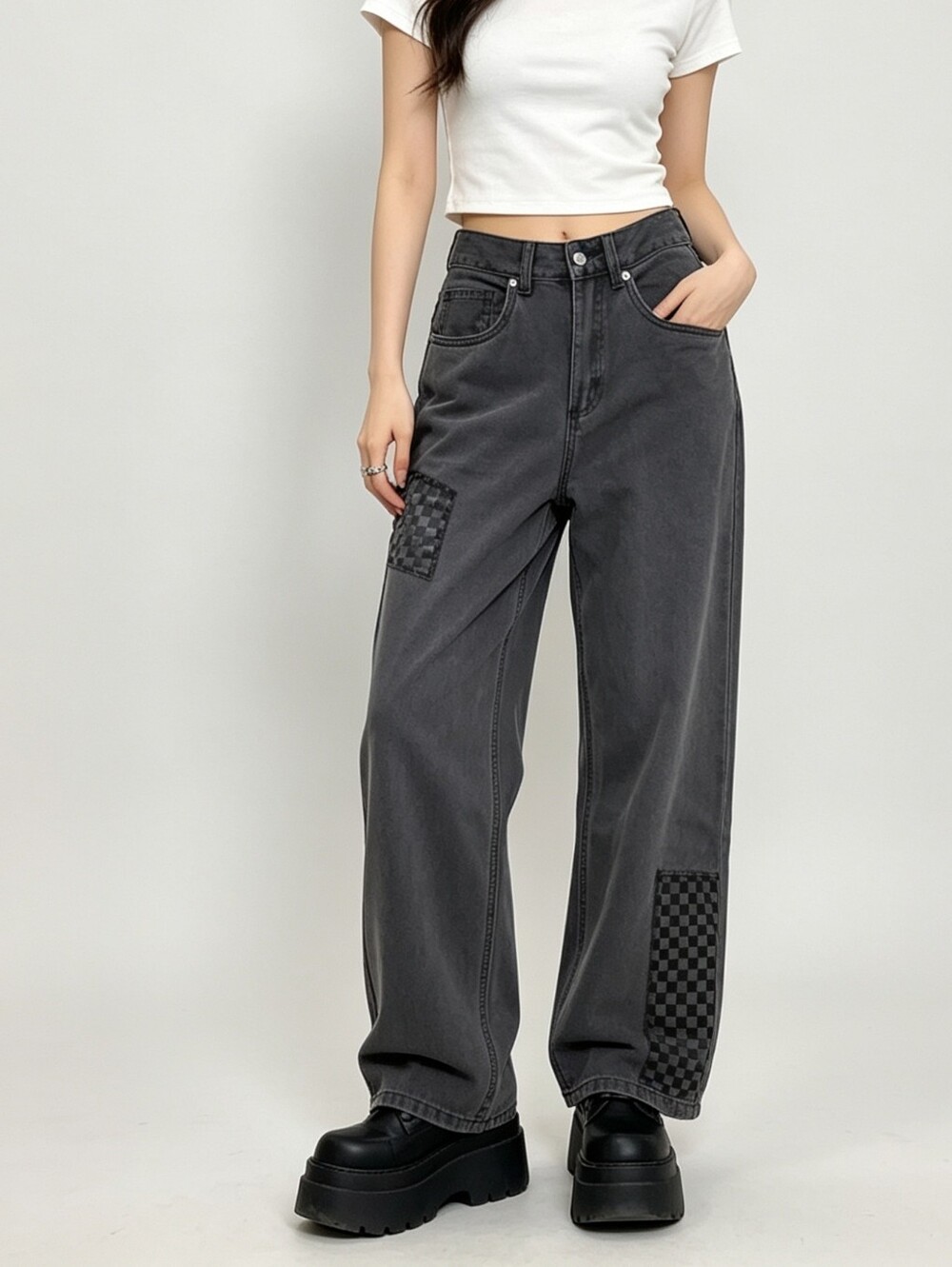 Vans Sirelle Patchwork Jeans NWT Size 24 Black Wide Leg Y2K Denim